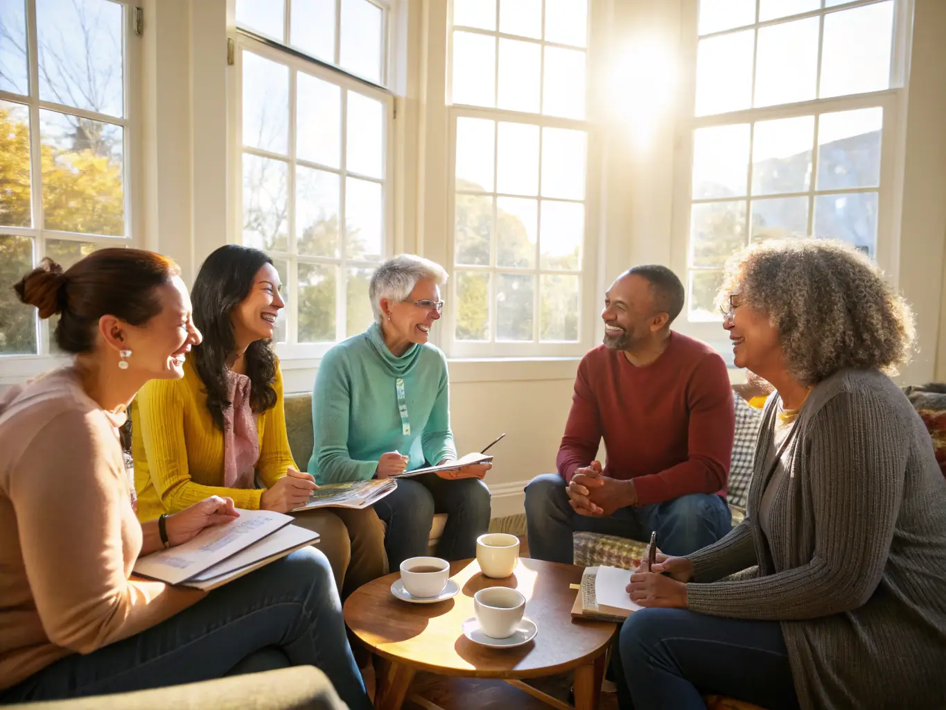 A group of people participating in a MINE D'IDEES event, smiling and engaged in a discussion.