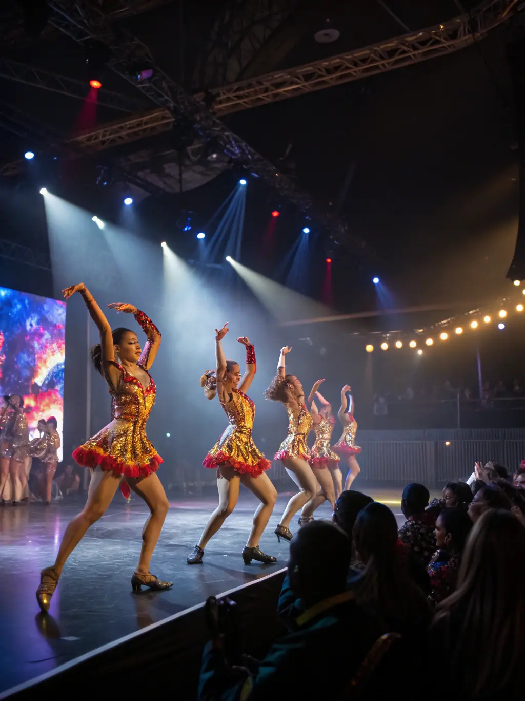 A vibrant photograph capturing a scene from one of Compagnie Oxymore's artistic performances, showcasing dancers in colorful costumes on a well-lit stage.