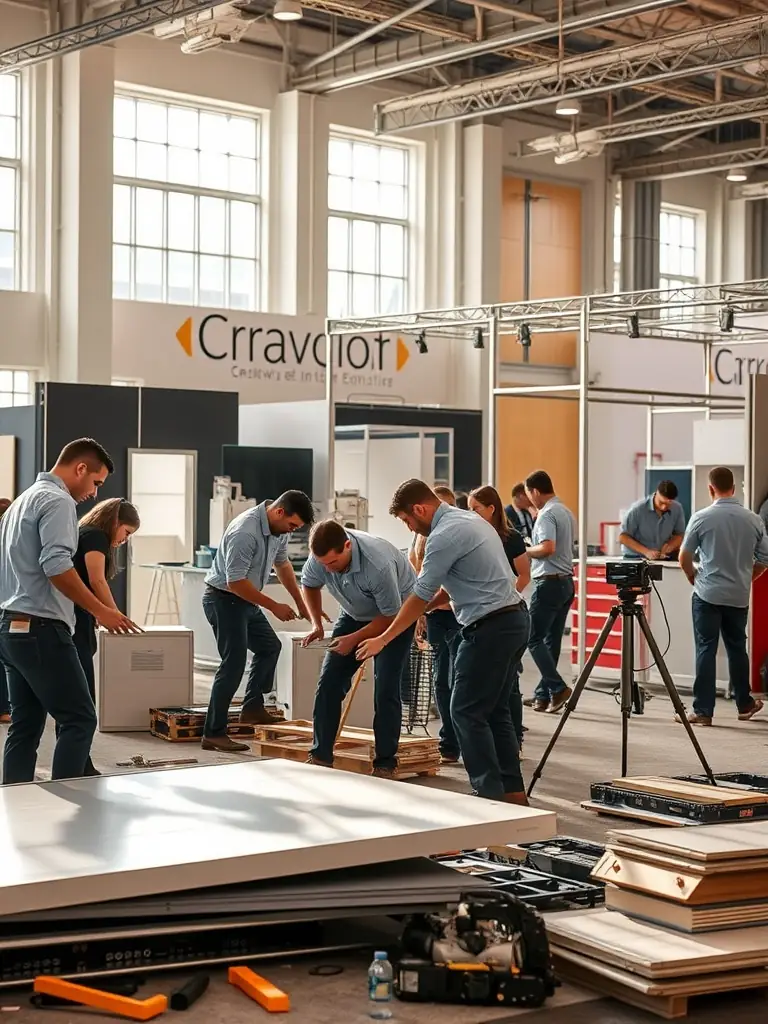 A photograph of volunteers setting up for an outdoor art exhibition, showcasing the collaborative effort behind Compagnie Oxymore's community projects.