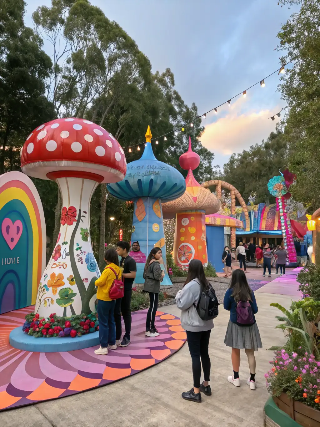 A photograph capturing a lively community event hosted by Compagnie Oxymore, featuring interactive art installations and people of all ages enjoying the festivities.