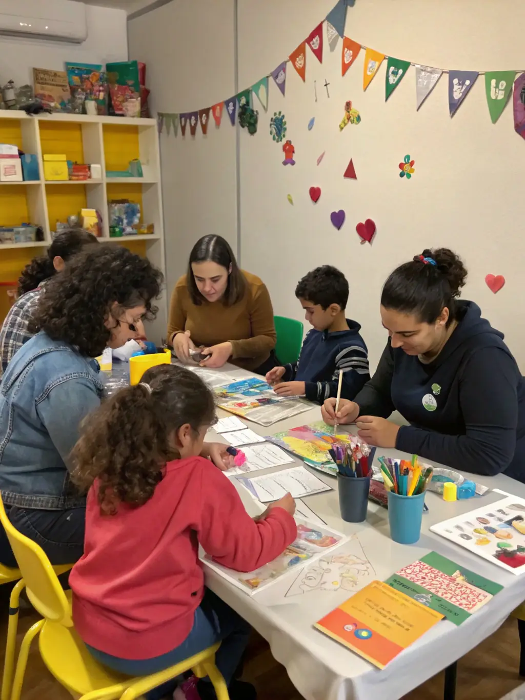 A photograph of a cultural workshop in progress, showing participants of various ages actively engaged in creating art under the guidance of an instructor.